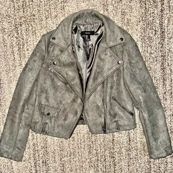 Forever 21 Women's Faux Suede Motorcycle Moto Jacket in Green Size Small - Picture 1 of 10